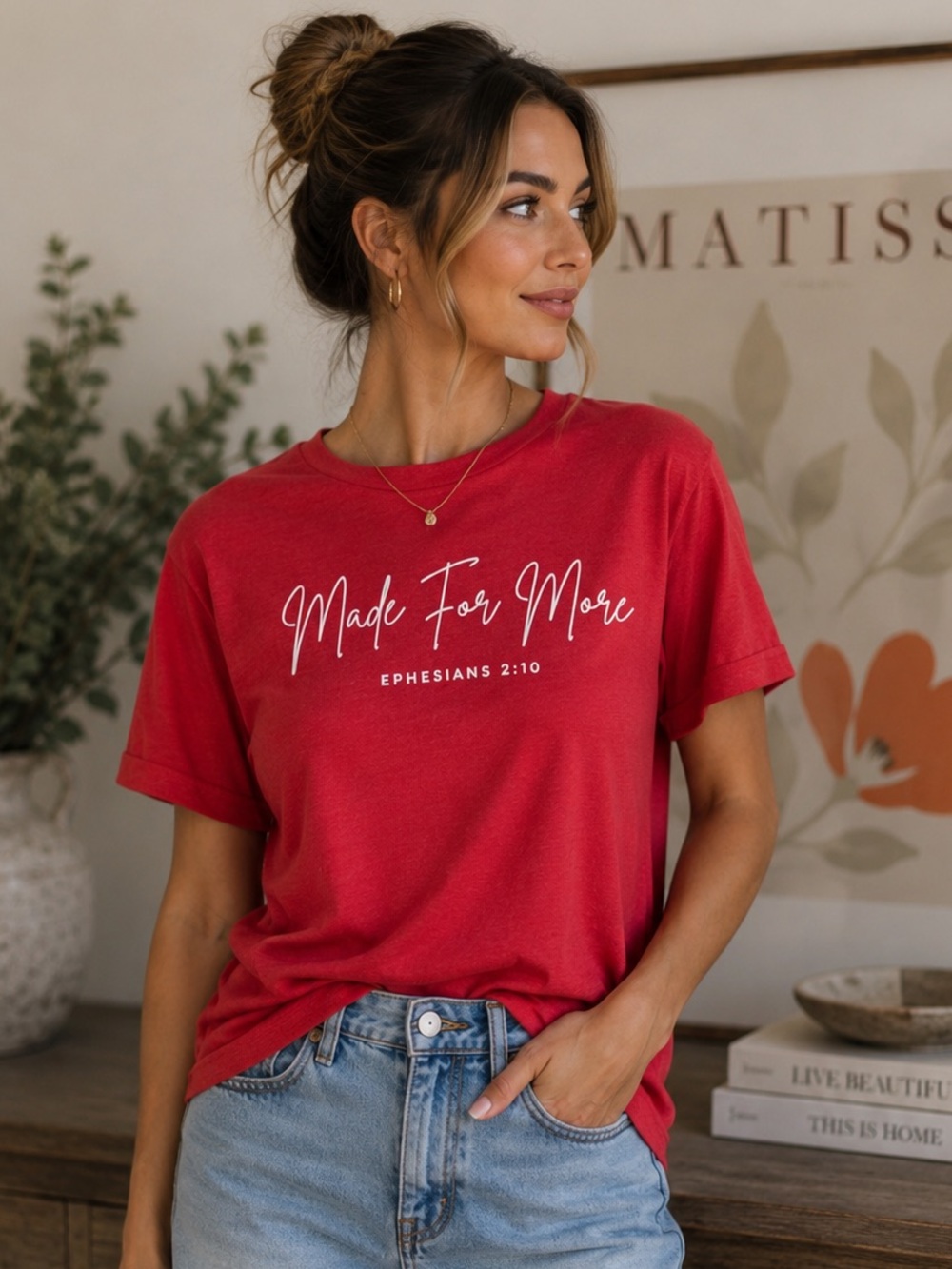 Made For More Women's Cotton Red Short Sleeve Scripture Christian Graphic Tee